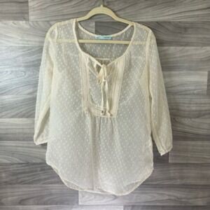 Maurices Womens Peasant Blouse Ivory Swiss Dot Balloon‎ Sleeve Tie Front Sheer S